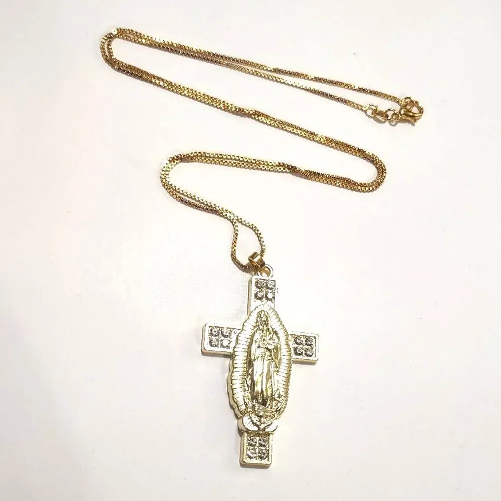 Necklace Gold Plated Silver Virgin Mother Mary Cross Gemstones Christian